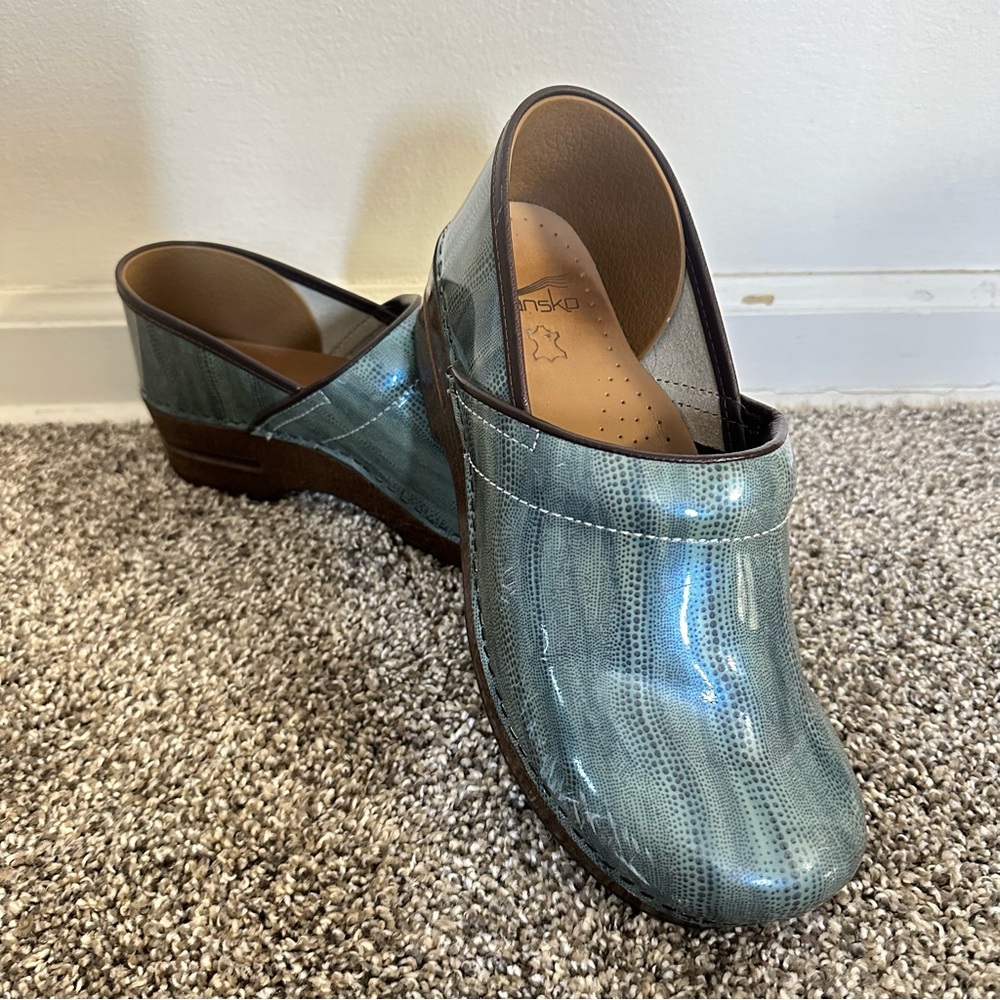 Dansko Blue Metallic Clogs